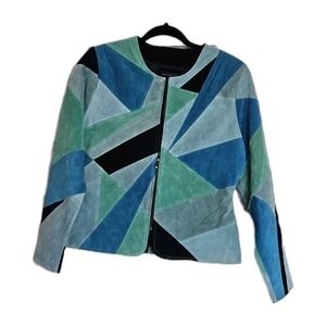 Vtg Karen Arnold Suede Leather Turquoise Blue Green Patchwork Abstract Jacket M